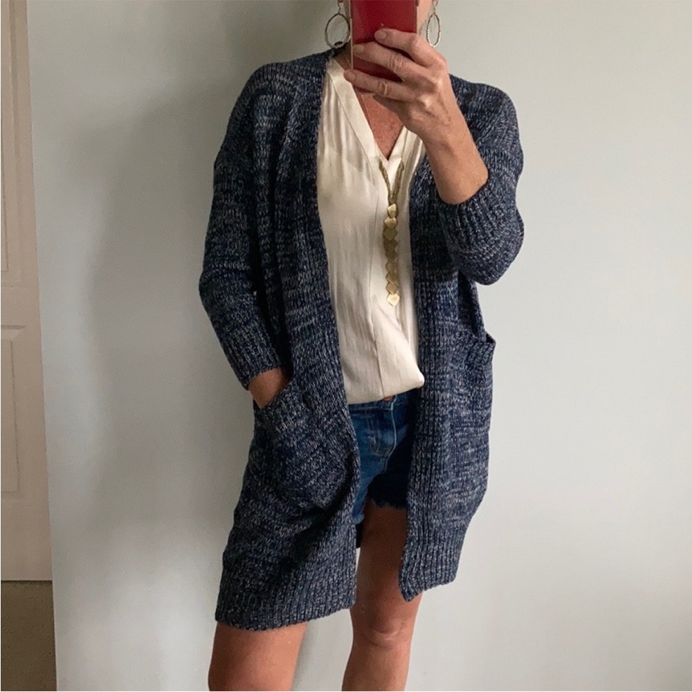 Navy Long Open Front Cardigan Sweater